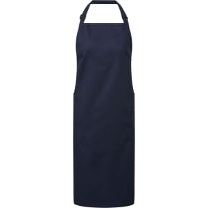 A navy recycled polyester and organic cotton apron with a simple design, featuring a neck strap and front pockets.