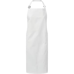 A white apron made of recycled polyester and organic cotton, featuring adjustable straps and a logo.