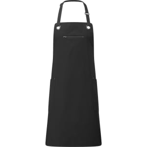 A black bib apron featuring contrast stitching and a zippered pocket, with adjustable straps and side pockets.
