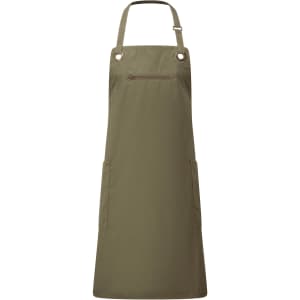 A khaki bib apron featuring contrast stitching, with a zip pocket and two side pockets. It has a logo on it.