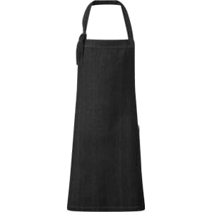 A dark blue denim bib apron with a neck strap and waist ties, featuring a pocket and a logo.