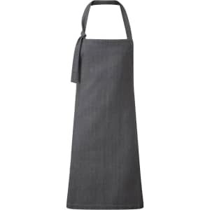 A dark grey bib apron with a tie for fastening at the neck. Features a simple, clean design and has a logo.