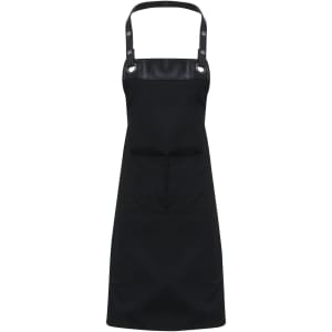 A black espresso bib apron featuring a leather panel and adjustable straps, designed for workwear use.