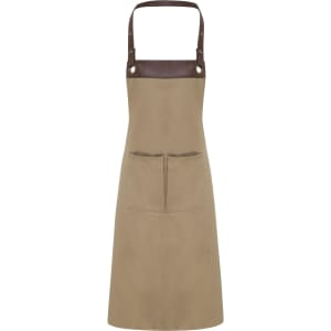 A brown apron with a leather top and pockets, designed for workwear use. It features a logo at the top.