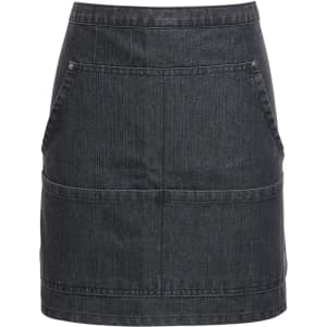 A dark denim waist apron featuring two front pockets and a simple design, with a logo present.