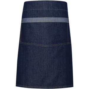 A dark denim waist apron featuring a two-tone design and a pocket, with stitching details.