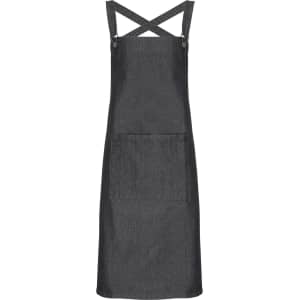 A charcoal grey barista bib apron with a cross-back design and a front pocket, featuring a logo.