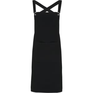 A black Cross Back Barista Bib Apron featuring cross-back straps and a front pocket, with a logo present.
