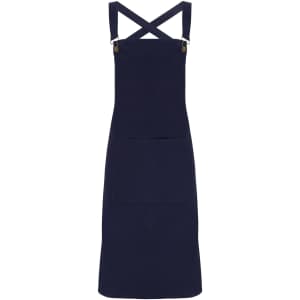 A navy blue Cross Back Barista Bib Apron featuring adjustable straps and a front pocket. Includes branding.