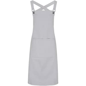A grey cross back barista bib apron featuring adjustable straps and a front pocket, with a logo detail.