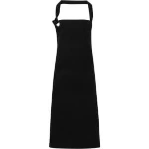 A black heavy cotton canvas bib apron with an adjustable neck strap and a logo.