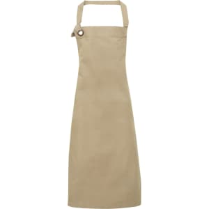 A beige heavy cotton canvas bib apron with a practical design and a logo.