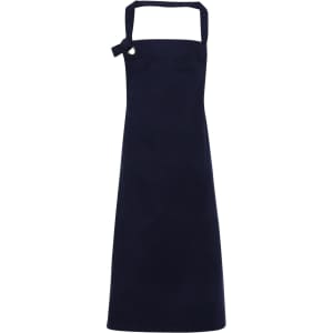 A navy blue heavy cotton canvas bib apron with a logo and adjustable neck strap.