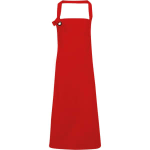 A red heavy cotton canvas bib apron with an adjustable neck strap and a logo. Suitable for workwear use.
