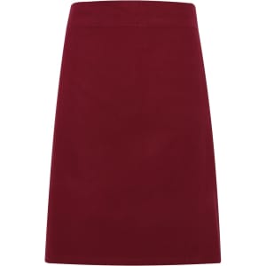 A burgundy heavy cotton canvas waist apron with a simple, sleek design and a logo.