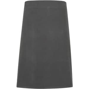 A dark grey heavy cotton canvas waist apron with a simple design and a logo.