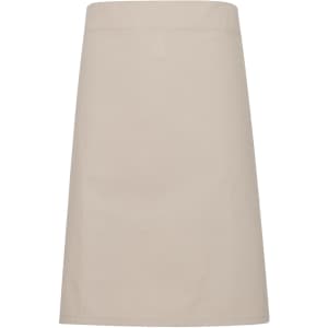A light beige apron made of heavy cotton canvas with a simple design and a logo on the front.