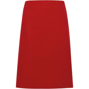 A red heavy cotton canvas waist apron with a simple design and a logo in the top area.