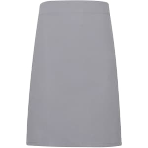 A grey heavy cotton canvas waist apron with a branding logo. Suitable for various work settings.