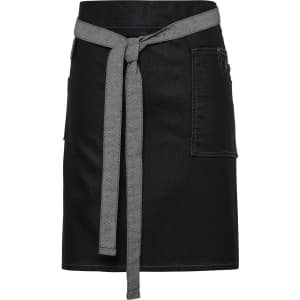 A black denim waist apron with a grey tie, featuring pockets and a clean design. It has a logo on one side.