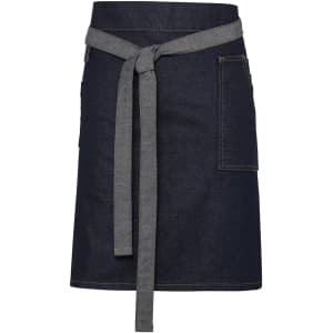 A denim waist apron in dark blue with a grey tie and pocket, featuring a logo. Suitable for workwear.