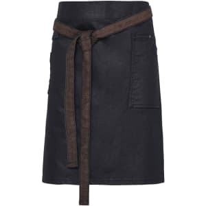 A denim waist apron in dark blue with a brown tie belt and a front pocket. Features a logo.