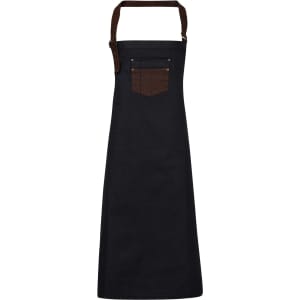 A dark blue denim bib apron with a brown pocket and a neck strap. It features a simple, functional design.