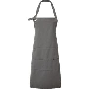 A grey heavy cotton canvas pocket apron featuring two front pockets and a loop for hanging. It has a branding logo.