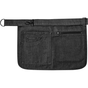 A dark grey utility apron featuring multiple pockets and an adjustable belt, complete with a logo.