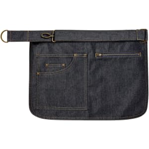 A denim hip apron featuring multiple pockets, including a zippered pocket and a loop for attachments.