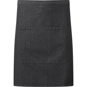 A dark denim mid-length pocket apron featuring a large front pocket and a simple design. It has a logo.