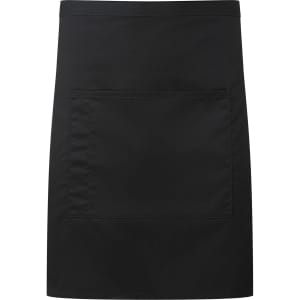 A black mid-length pocket apron featuring a front pocket and a simple design. It has a logo on it.