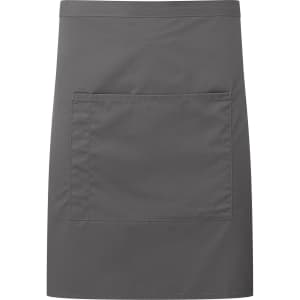 A grey mid-length pocket apron featuring a large front pocket and a simple design. It has a logo on it.