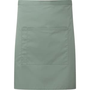 A mid-length pocket apron in a soft green shade, featuring a central pocket and branding.