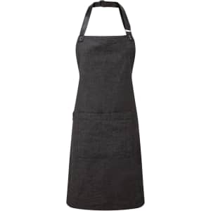 A black bib apron featuring a leather strap and a front pocket, designed for workwear use.