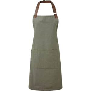 A green bib apron with brown straps and a front pocket, featuring a small logo. Ideal for workwear use.