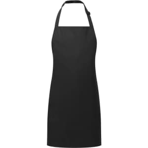 A black kids' waterproof apron with a simple design and adjustable neck strap. It features a logo.