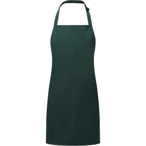 A dark green waterproof apron with a halter neck design and ties at the back. It features a logo.