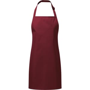 A maroon waterproof apron with a neck strap, suitable for children, featuring a logo on the front.
