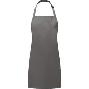 A waterproof kids' apron in grey with an adjustable neck strap and a branding logo.