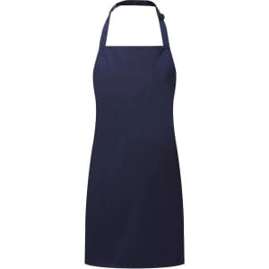 A navy blue waterproof apron with a halter neck design and adjustable straps, featuring a logo.