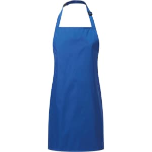 A blue waterproof apron with a neck strap and adjustable fastener. It features a plain design and logo.