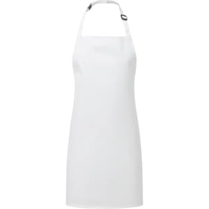A waterproof kids' apron in white with an adjustable neck strap and a logo.