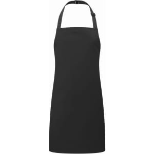 A black kids' bib apron with adjustable straps and a simple design. It features a logo at the top.