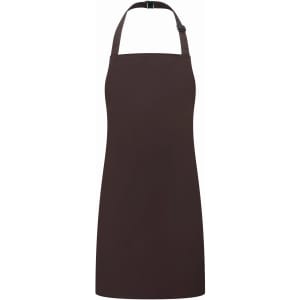 A brown kids' bib apron with a halter neck design and adjustable strap for a comfortable fit.