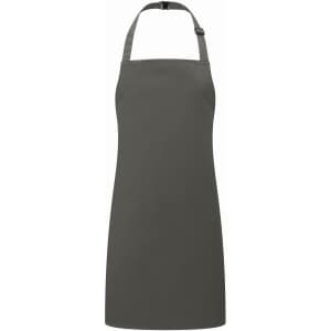 A grey kids' bib apron with an adjustable strap and a simple design. It features a logo on the fabric.