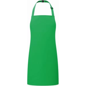 A bright green kids bib apron with a halter neck and adjustable strap. It features a logo.
