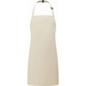 A beige kids bib apron featuring a halter neck design and adjustable strap. It has a logo on the front.