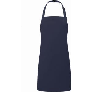 A navy blue kids bib apron with a halter neck design and adjustable straps, featuring a logo.