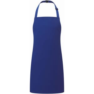 A blue kids bib apron with a halter neck design and an adjustable strap. It features a logo.